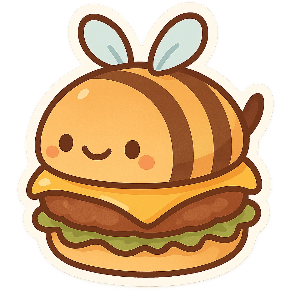 playful and cute beesechurger, a cheeseburger with bee theme, bee stripes and tiny wings on the bun emoji