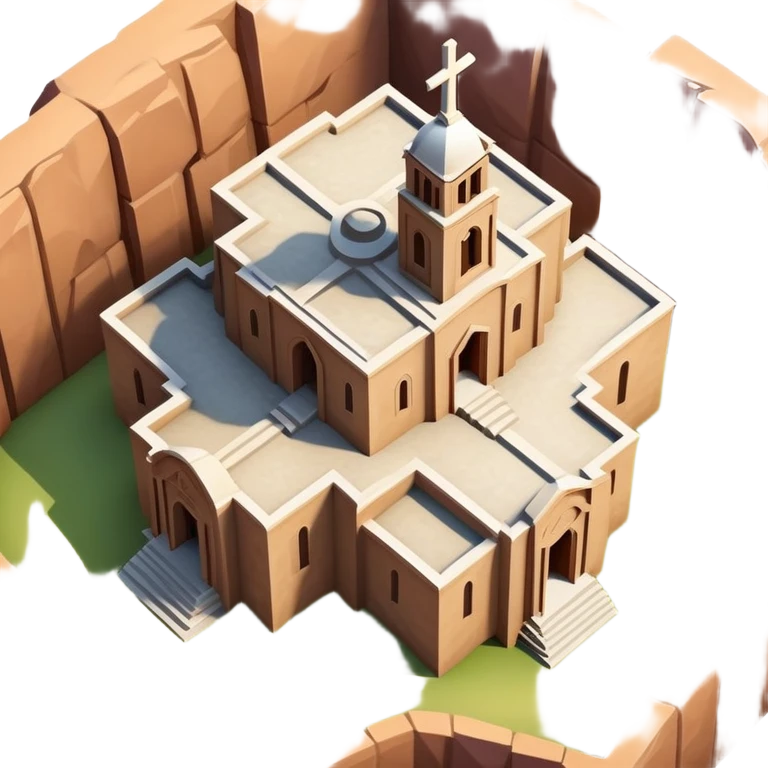 iOS emoji style illustration of Church of Saint George Lalibela Ethiopia, cross-shaped top view, carved stone appearance, vibrant clean lines emoji