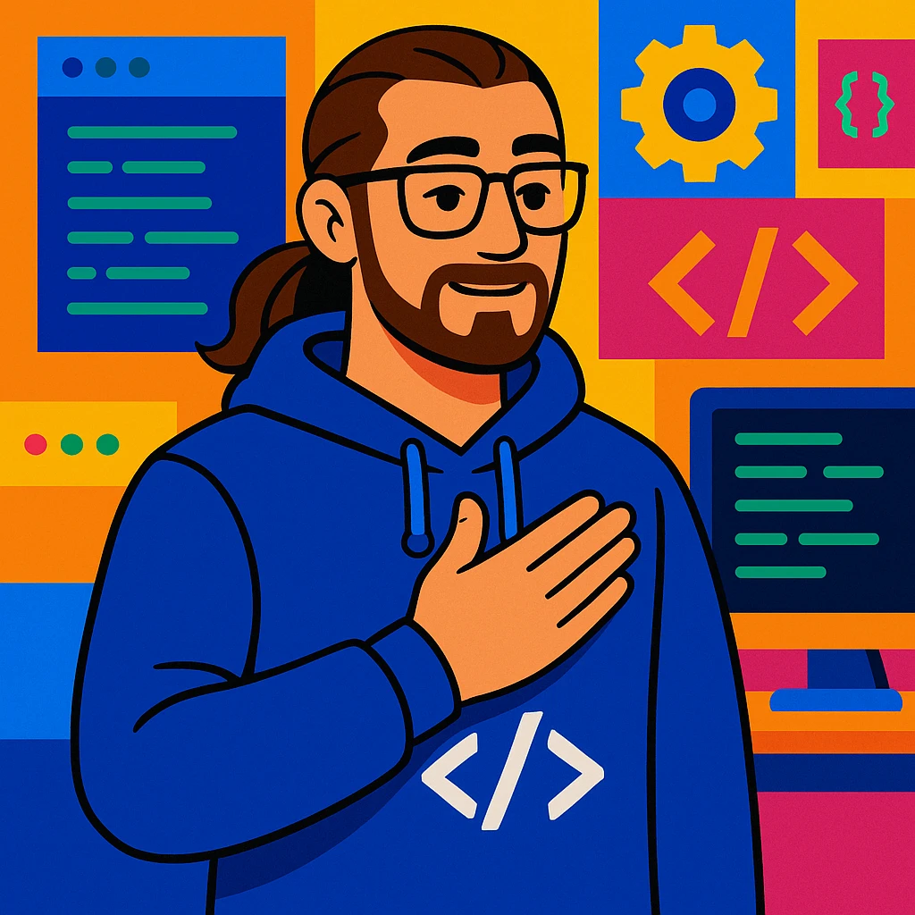 male software developer making 'eyvallah' gesture, right hand on chest, long brown hair tied back, glasses, short beard, light tan skin, wearing a hoodie with </> logo, tech and code background emoji