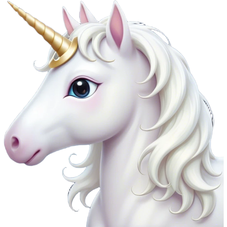 Cinematic Cute White Unicorn Portrait Emoji, Head tilted playfully and inquisitively, featuring a charming, petite form with a silky white color, a delicately flowing mane and tail, and a tiny, sparkling horn, with large, dreamy eyes full of wonder, Simplified yet irresistibly adorable features, highly detailed, glowing with a warm, enchanting glow, high shine, affectionate and lively, stylized with a touch of fairy-tale whimsy, soft glowing outline, capturing the essence of a mischievous yet endearing white unicorn that seems as if it could gallop out of the screen into your heart! emoji