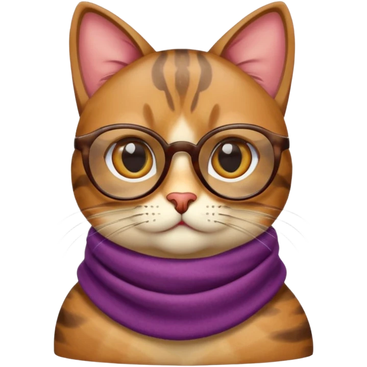 apple emoji style cat head, smooth and rounded, unique fur pattern with varied colors, large eyes with varying eye colors, wearing tinted glasses and a scarf with distinct color and design, focus on accessories, no body parts emoji