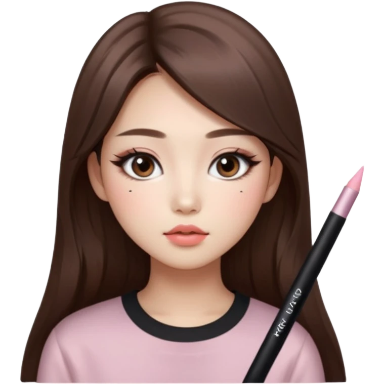 “korean straight long brown hair Emoji girl, soft eyeliner and blush, gradient lips, light brown shimmer eyeshadow emoji