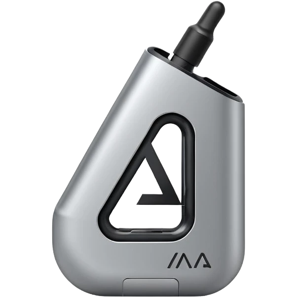 Minimalist vector letter A logo, designed as a sleek vape pod system. Metallic, geometric, clean lines. Transparent background. emoji