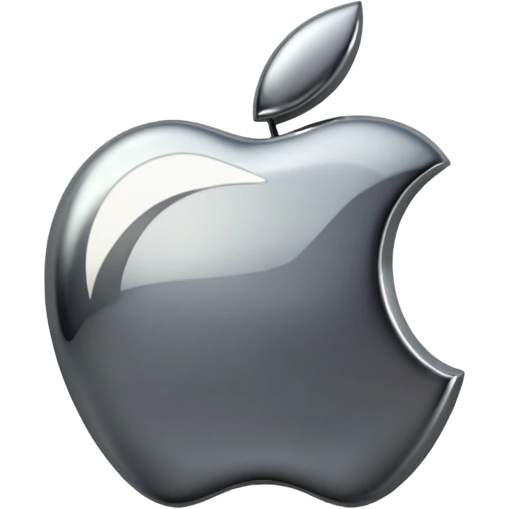 Metallic Apple logo emoji icon, chrome surface, sharp reflections, dark background, centered emoji