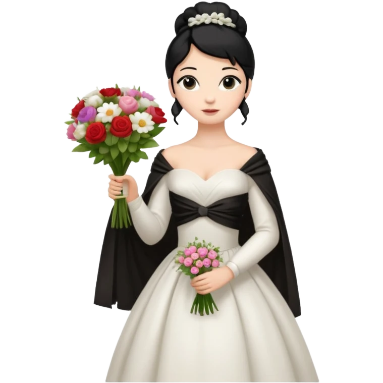 Chica blanca,cuerpo entero, vestido boda ,manga larga ,con estola, pelo negro,    ramo de flores una mano, pelo recogido en moño alto emoji