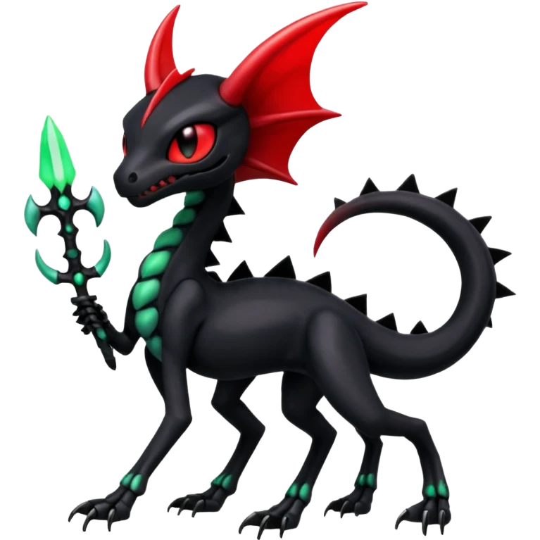 Obsidian-black and neon-glowing-green skeletal Meloetta-Salandit-Nargacuga-Salazzle-Pokémon-Fakémon-creature-fusion-hybrid with glowing crimson-red evil slit eyes emoji