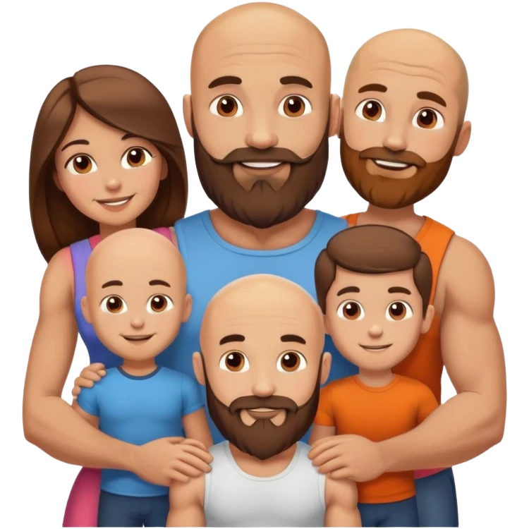 Happy Muscular Bald beard man and his hot wife with long brown hair and 3 boys emoji