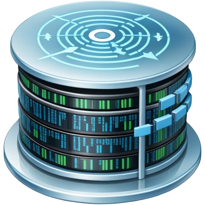 An icon featuring stacked server disks, a digital network grid, and binary code, symbolizing databases. The design includes data flow arrows, representing storage, organization, and retrieval of information. Transparent background highlights data-driven technologies. emoji