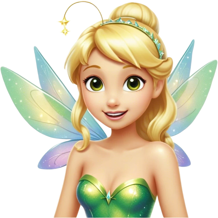 Cinematic Realistic Blonde Tinker Bell Fairy Portrait, head tilted dramatically with an exaggeratedly amused expression, featuring a striking, lively pixie form with radiant golden blonde hair and luminous, iridescent wings dusted with playful sparkles. Her expressive eyes brim with cheeky mischief, rendered with vibrant, lifelike textures and dynamic natural lighting that imbues the scene with an air of magical whimsy and over‐the‐top fairy fun. emoji