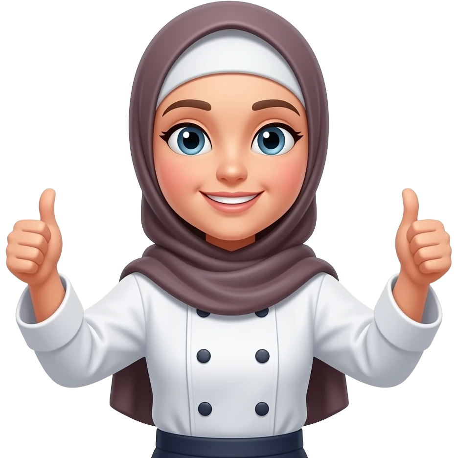 Buatkan koki perempuan berhijab dengan mengacungkan 2 jempol, badan agak condong ke kanan emoji