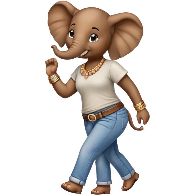 female anthropomorphised elephant in jeans and t-shirt, walking upright, wearing bangles and earrings emoji