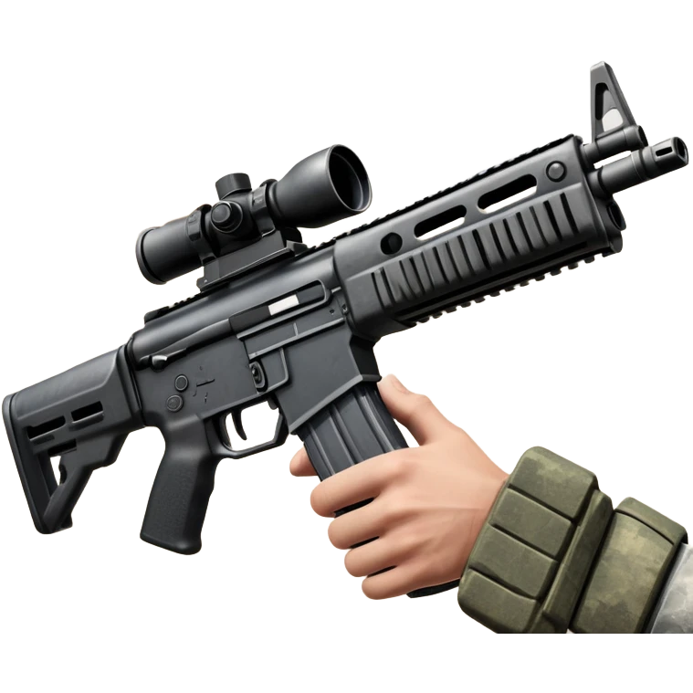 hands gripping an assault rifle or pistol in the foreground, inspired by Call of Duty Modern Warfare 2. The background features a battlefield with enemies in the distance, creating a tense and action-packed atmosphere. Transparent background highlights the focus on the weapon and combat. emoji