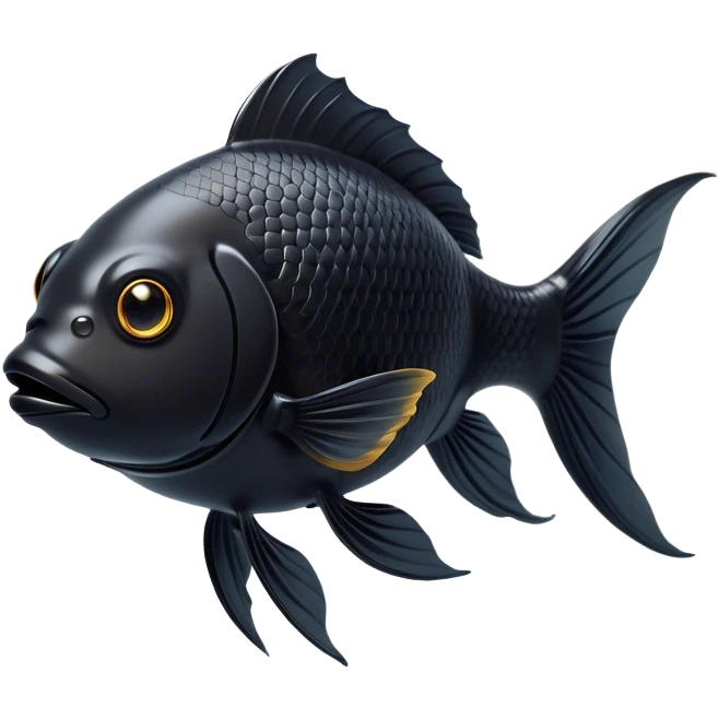 Cinematic Noble Black Goldfish Portrait Emoji, Poised and regal, with a sleek, streamlined build and a lustrous, deep black body, deep-set soulful golden eyes, Simplified yet sharp and sophisticated features, highly detailed, glowing with a soft, dignified glow, high shine, intelligent and graceful, stylized with an air of aquatic elegance, focused and attentive, soft glowing outline, capturing the essence of a watchful and confident aquatic companion, so majestic it feels as though it could glide out of the screen with effortless authority! emoji
