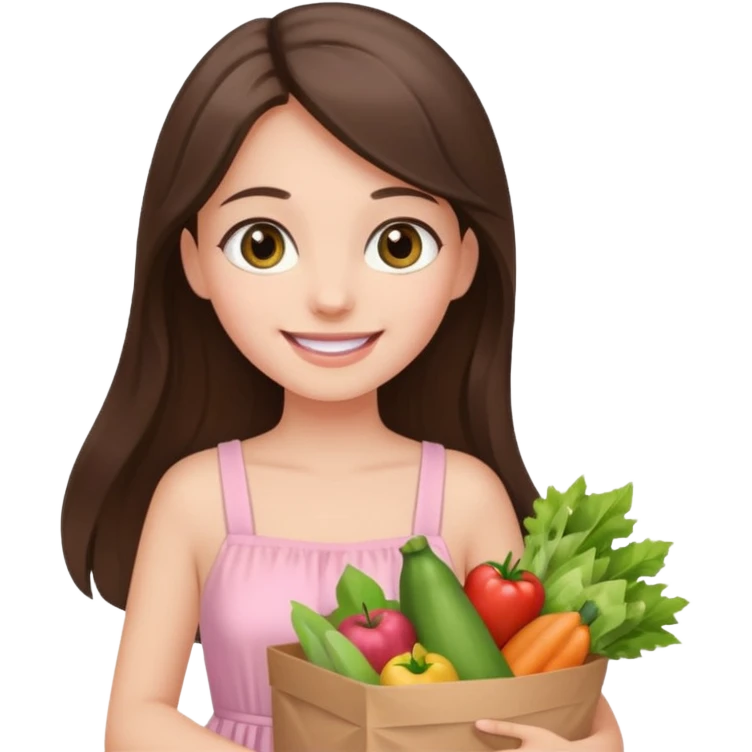 pretty smiling long brunette hair girl hazel eyes wearing light pink dress holding groceries emoji