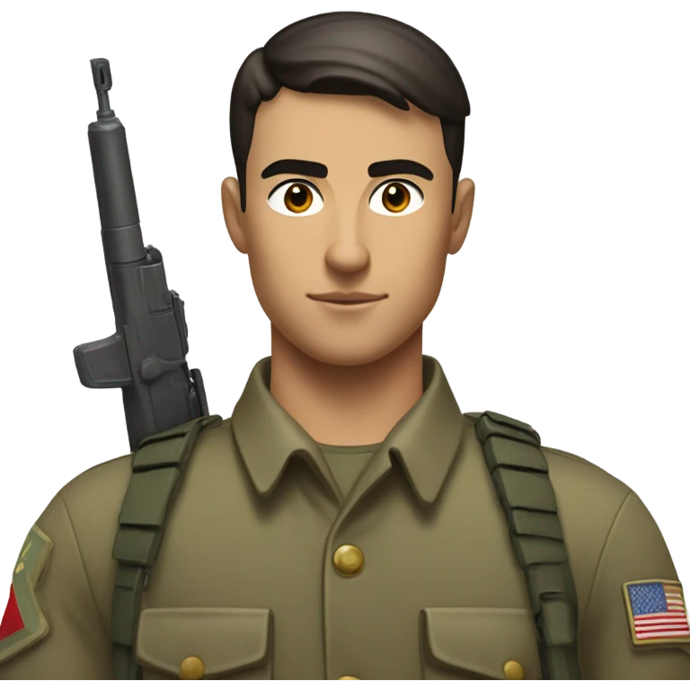 "A young man with short-cropped dark hair, a sharp jawline, and a smug expression. He wears a clean military uniform, holds a rifle, and stands confidently in a field." emoji