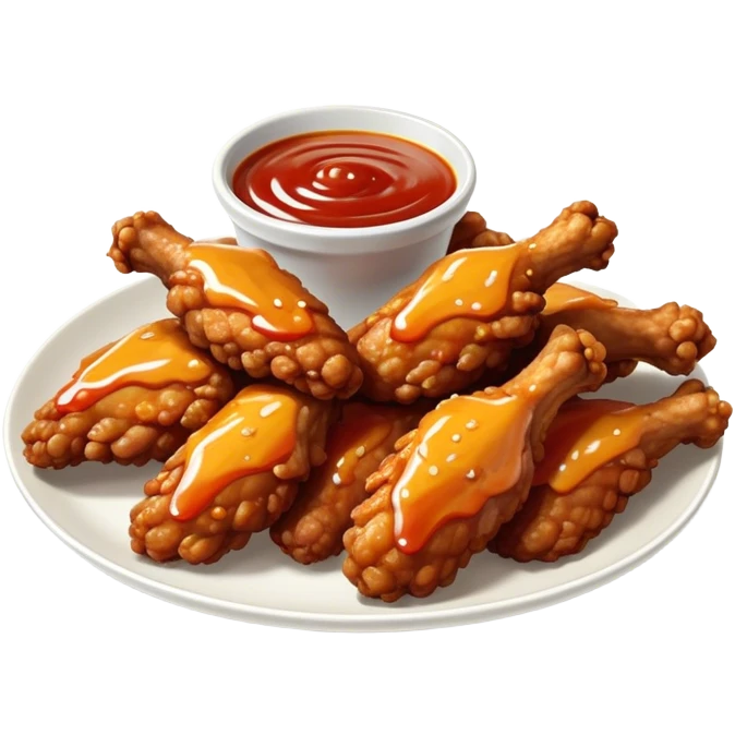 Cinematic crispy chicken wings, golden-brown and glazed with spicy sauce, crunchy coating, juicy inside, piled high with dipping sauce on the side, ultra-realistic and mouthwatering, inviting and bold. emoji