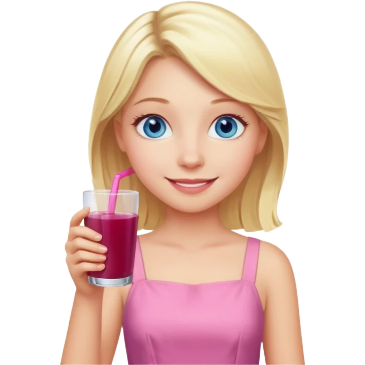 blonde girl with blue eyes in a pink dress drinking elderberry juice smiling emoji