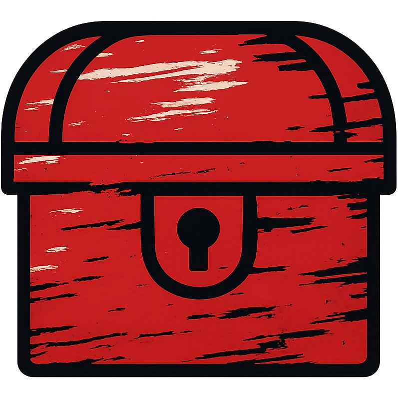 an all-red treasure chest icon that appears partially erased and smudged, as if a paint brush had deliberately removed sections, with brush stroke weathering and uneven edges, giving it a heavily distressed appearance, only red colors emoji