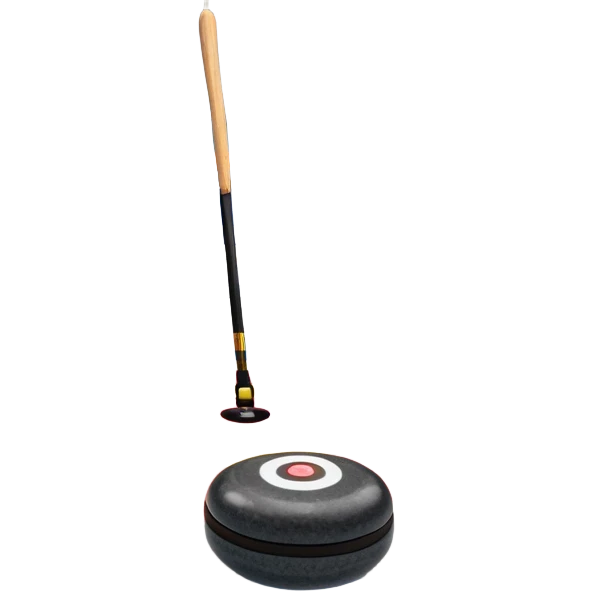 An icon featuring a curling stone in the foreground on an ice sheet with marked target circles. A curling broom rests nearby. In the background, a grand indoor stadium with bright lights and cheering fans. The ice reflects the vibrant colors of the surroundings. Transparent background. emoji