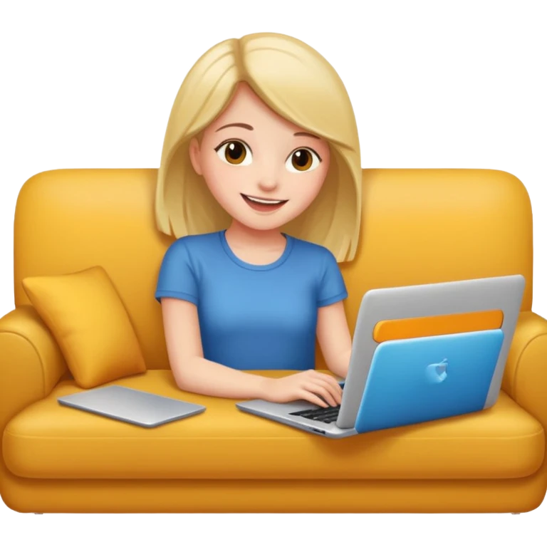 A girl is working with a laptop while lying on the sofa emoji