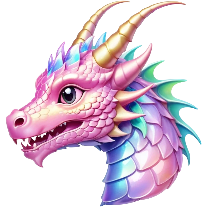A cute Sparkly glossy Pastel iridescent glass dragon head profile, 2 horns emoji