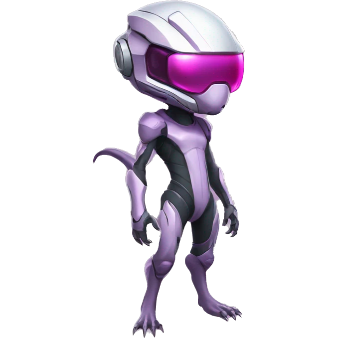 Lizard-Reptile-Raptor-Alien-Genesect-Mewtwo-Fakémon, with pink eyes, with a futuristic visor-helmet, wearing a techwear-suit, Full Body emoji