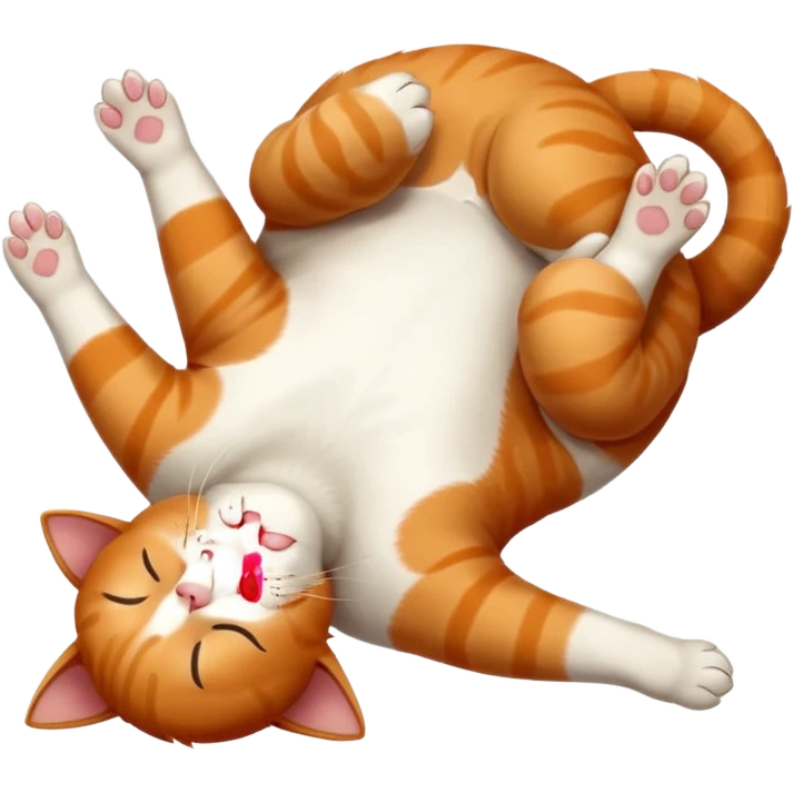 ginger and white small cat eyes closed lying down upside down with paws stretched out straight in different directions emoji