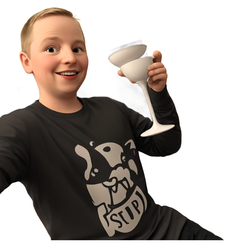 smiling boy holding cup indoors emoji