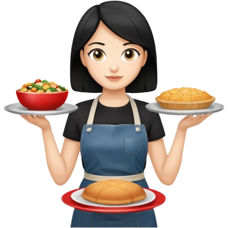 waitress with black hair and a food plate with a black tshirt and ª jeans apron. with a bigger plate and the plate with a cover  emoji