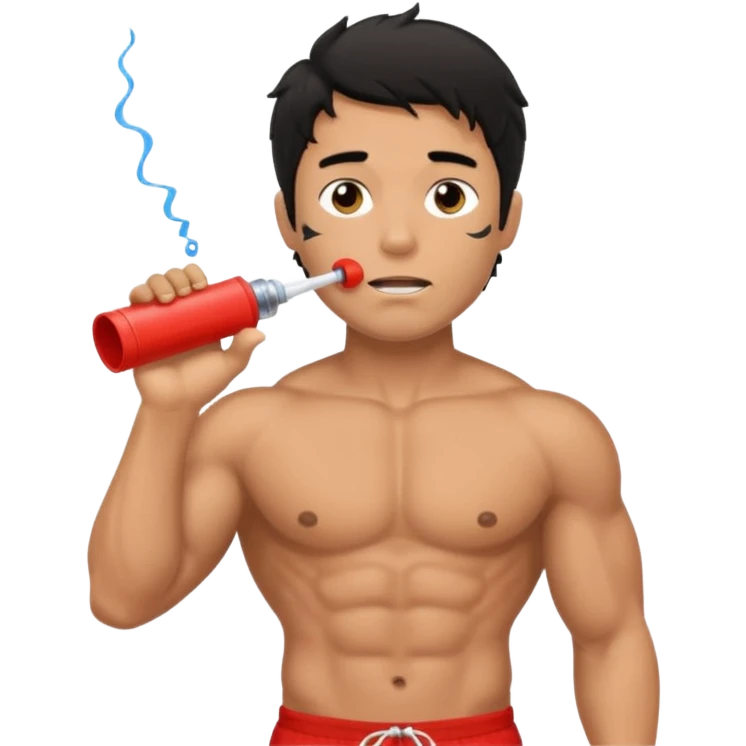 Shirtless Dark Tan Muscular lifeguard with messy black hair with whistle emoji