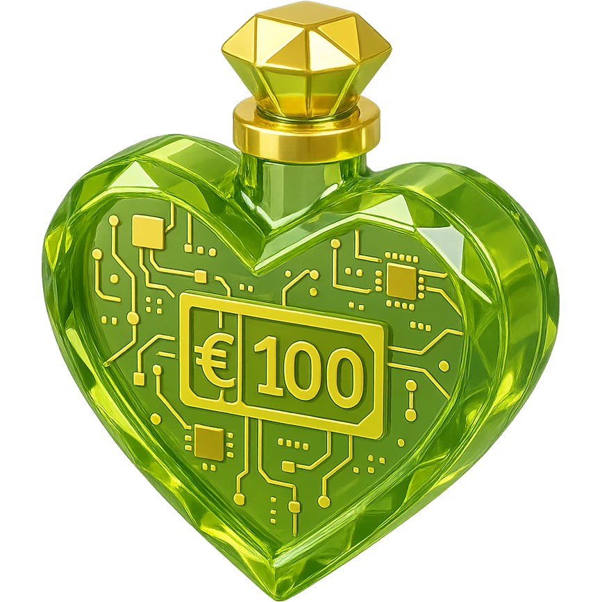 3D heart-shaped bottle with diamond effect, main color luxurious #c0ff53 green, many gold details, inside money motif (euros), very luxurious emoji