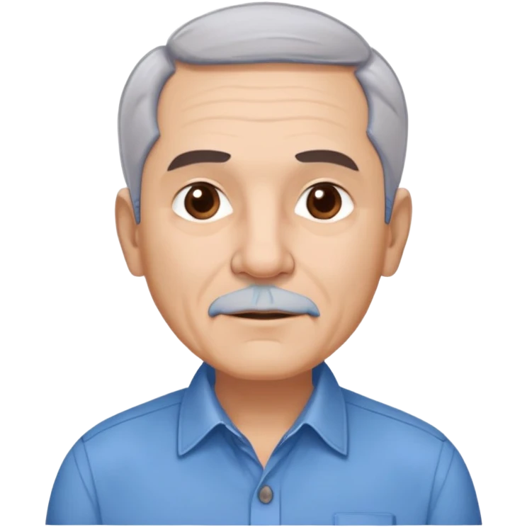 Older Hispanic man in his 60s with light skin, round face, wide jaw, broad cheekbones. Expressive dark brown eyes, thick eyebrows. Short gray/white hair with receding hairline. Well-shaved. Friendly expression. Wearing a button-down shirt in blue. emoji