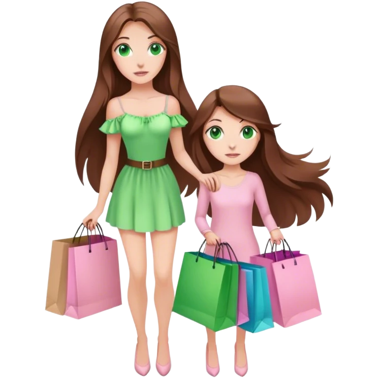 pretty white woman with very long brown hair and green eyes and light pink outfit holding a ton of shopping bags emoji