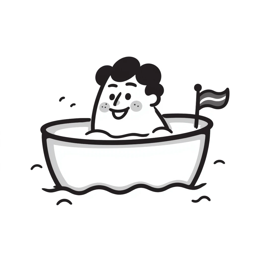 A hand-drawn bath toy boat with a silly grinning face and little flag emoji