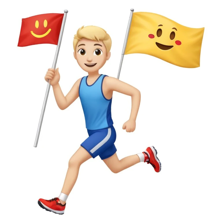 happy runner waving a flag that says 'emojiland' emoji