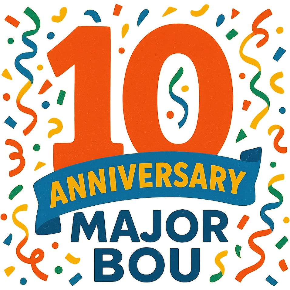 Celebratory 10th anniversary logo for Major Bou with confetti and a festive color palette emoji