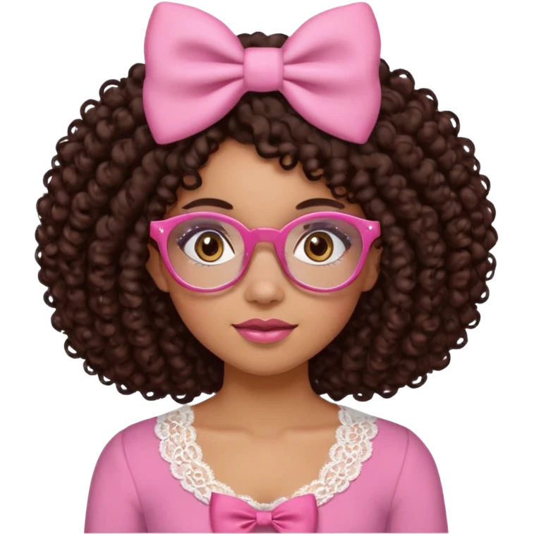 medium-light kinned afro-latina girl with medium length chocolate brown side part curly hair, small pink bow , with brown glasses, brown eyes, pink and white sweetheart necklined top with lace, round wide-ish nose, ob-long face emoji
