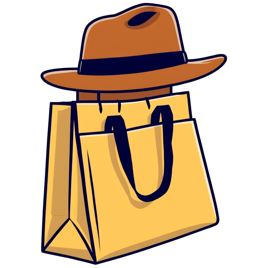 shopping bag with an Indiana Jones hat on top emoji
