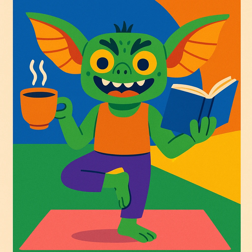 fun and whimsical gremlin holding a cup of tea, doing yoga and reading a book emoji