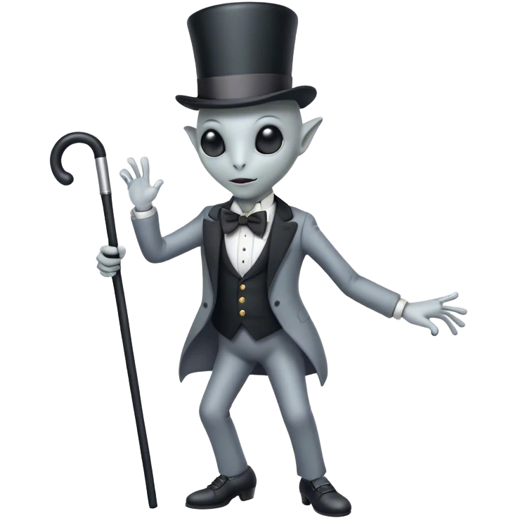 Gray alien tap dancing with a top hat, bow tie, and a cane emoji