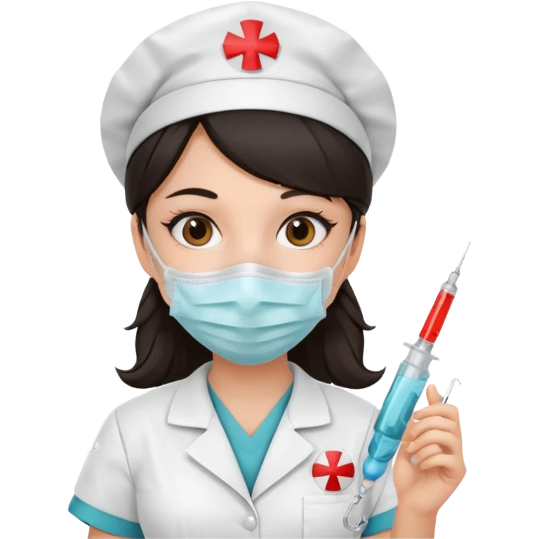 ی دختر با روپوش پرستاری و ماسک موی مشکی و امپول ب دست emoji