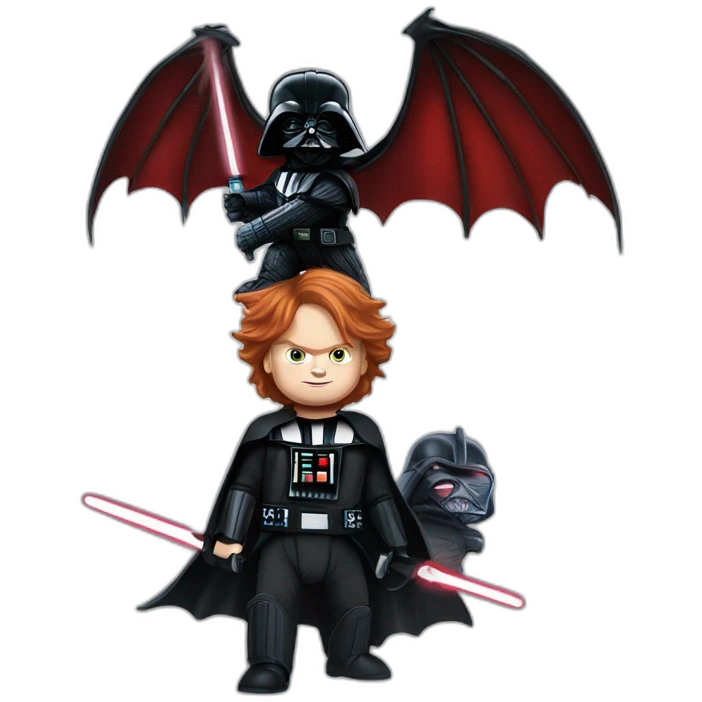 Chucky as Darth Vader on a dragon flying to the death star emoji