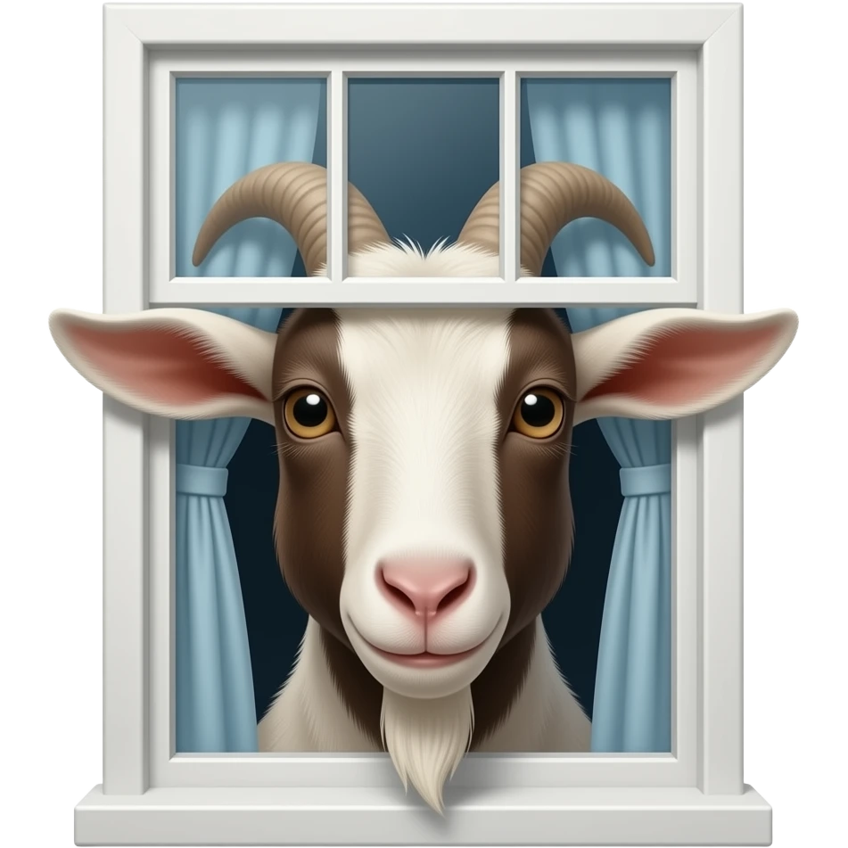 una cabrita mirando por la ventana de una casa, realista! emoji