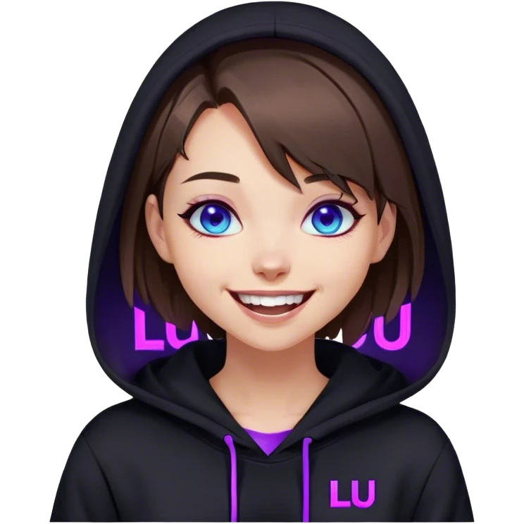 brown haired girl with a bob and blue eyes wearing black hoody with violet letters "Lu", laughs. Cyberpunk style. Violet neon. emoji