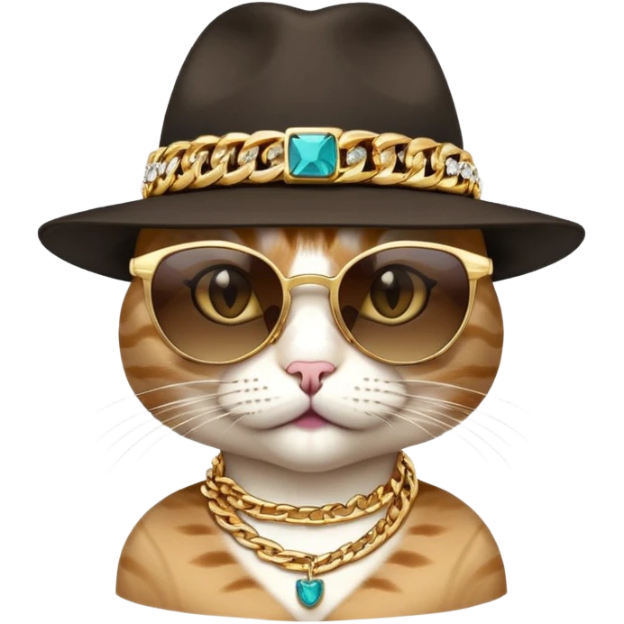 female cat close-up head and shoulders wearing Run DMC style, fedora, dark sunglasses, gold chains, bling emoji