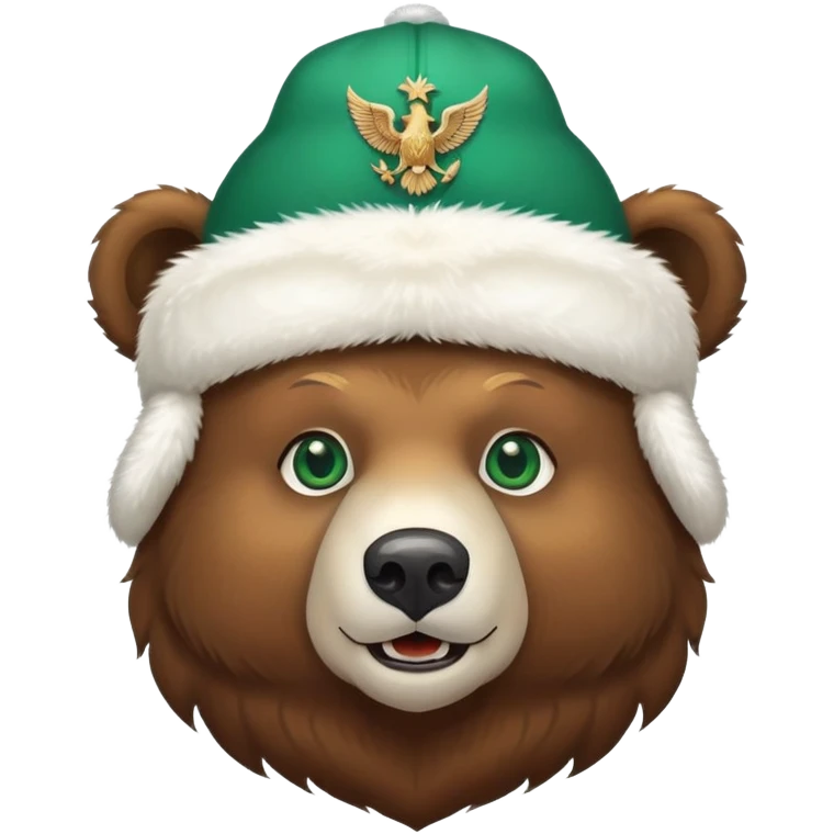 Cheerful brown bear head with emerald green eyes wearing white winter ushanka hat with double-headed eagle symbol centered, Russian themed emoji