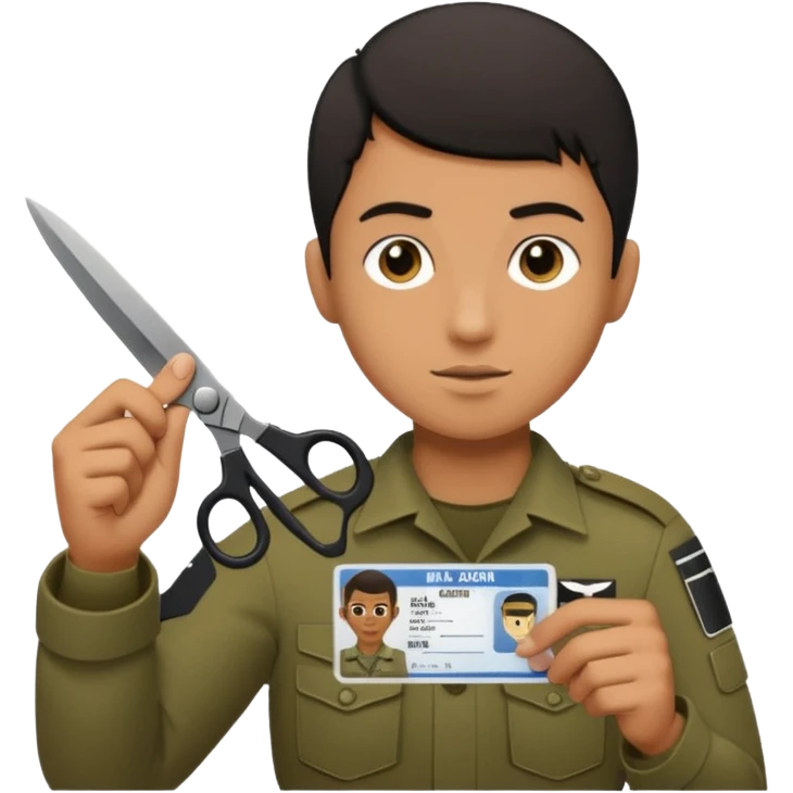 Floating black Scissors cutting in half an idf soldier ID card with a little chip in 2 parts .hyper realistic emoji