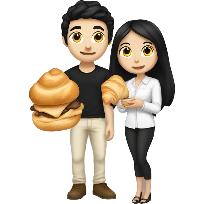 Cute girlfriend black hair and white skin with her boyfriend eating a croissant emoji