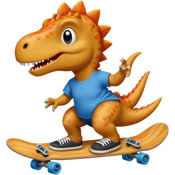 Dinosaur skateboarding at the skate park wearing a t-shirt and doing six seven emoji