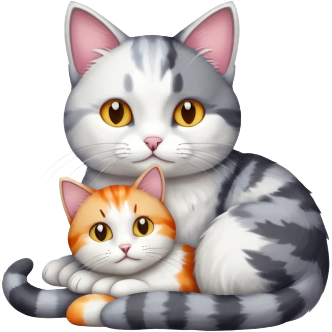 grey and white cat cuddling a colourful light patched calico + white tabby cat emoji